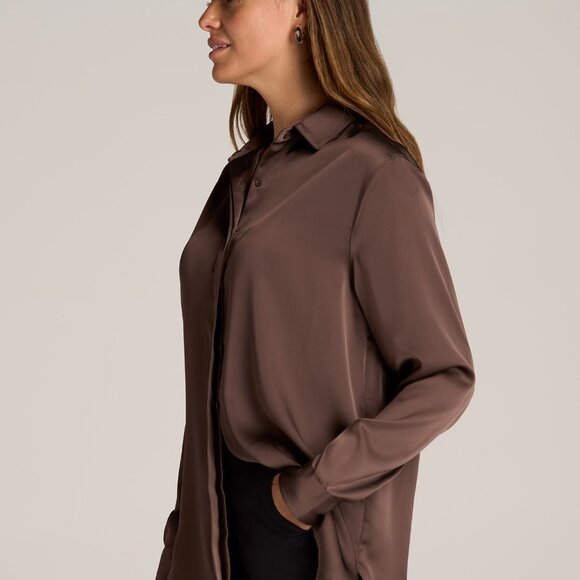 American Tall Relaxed Button Up Tall Women's Blouse in Chocolate Mocha Size LL / - Picture 3 of 3